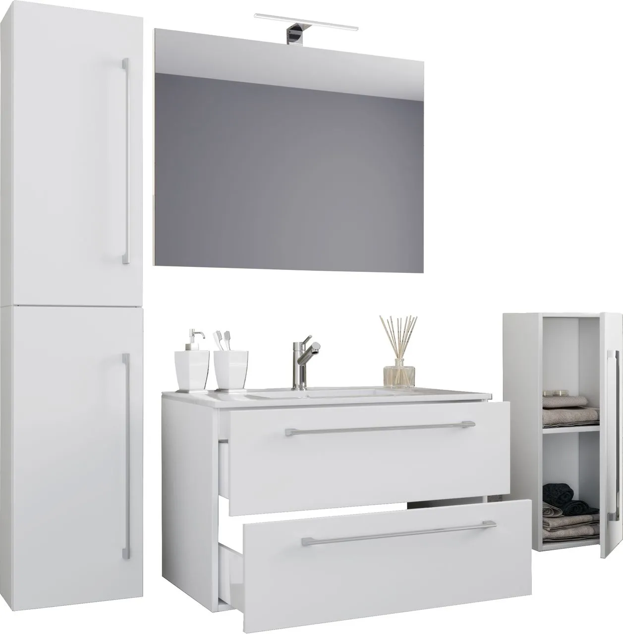 5-tlg. Waschplatz "Badinos 2 Schubfächer" 60 cm | Mit Spiegel und Midi- / Hochschrank Weiß