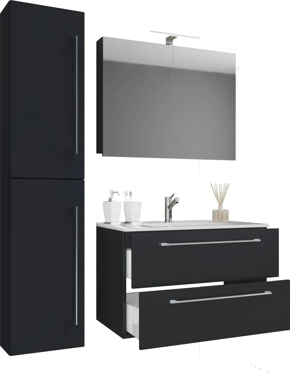 4-tlg. Waschplatz "Badinos 2 Schubfächer" 60 cm Spiegelschrank + Hochschrank Schwarz