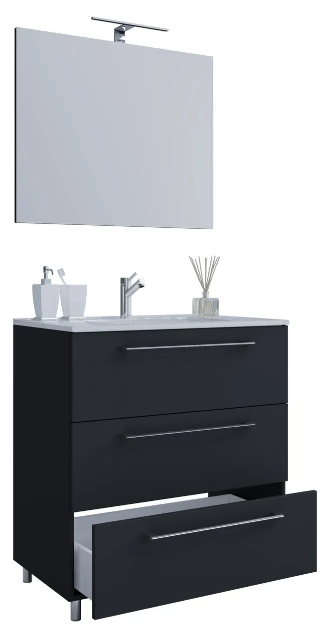 3-tlg. Stand-Waschplatz "Badinos 3 Schubfächer" 80 cm | Mit Spiegel Schwarz