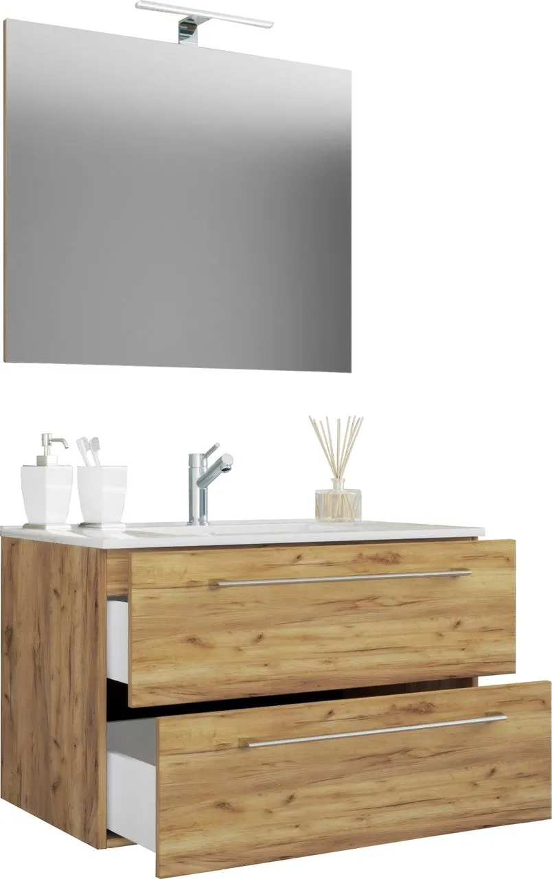 3-tlg. Waschplatz "Badinos 2 Schubfächer" 80cm | Mit Spiegel Honig-Eiche
