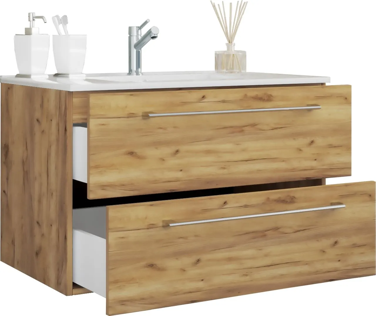 2-tlg. Badblock "Badinos 2 Schubfächer" 80cm Honig-Eiche