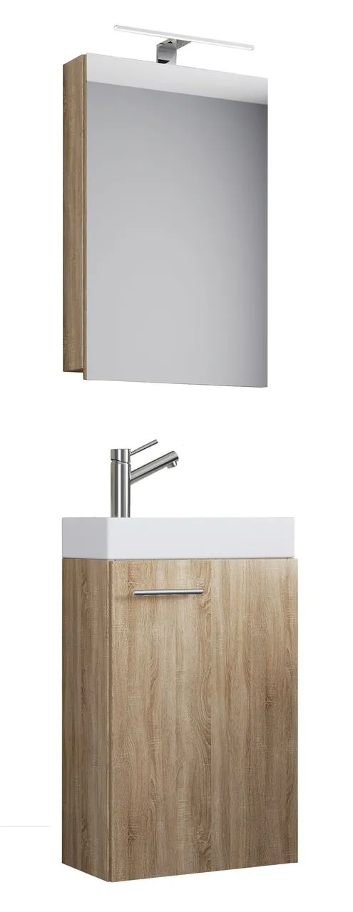 4-tlg. Gäste-Waschplatz "Slito" | Mit Spiegelschrank inkl. Beleuchtung Sonoma-Eiche
