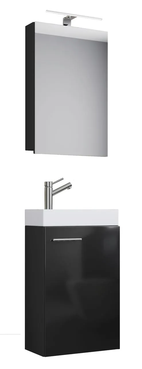 4-tlg. Gäste-Waschplatz "Slito" | Mit Spiegelschrank inkl. Beleuchtung Schwarz