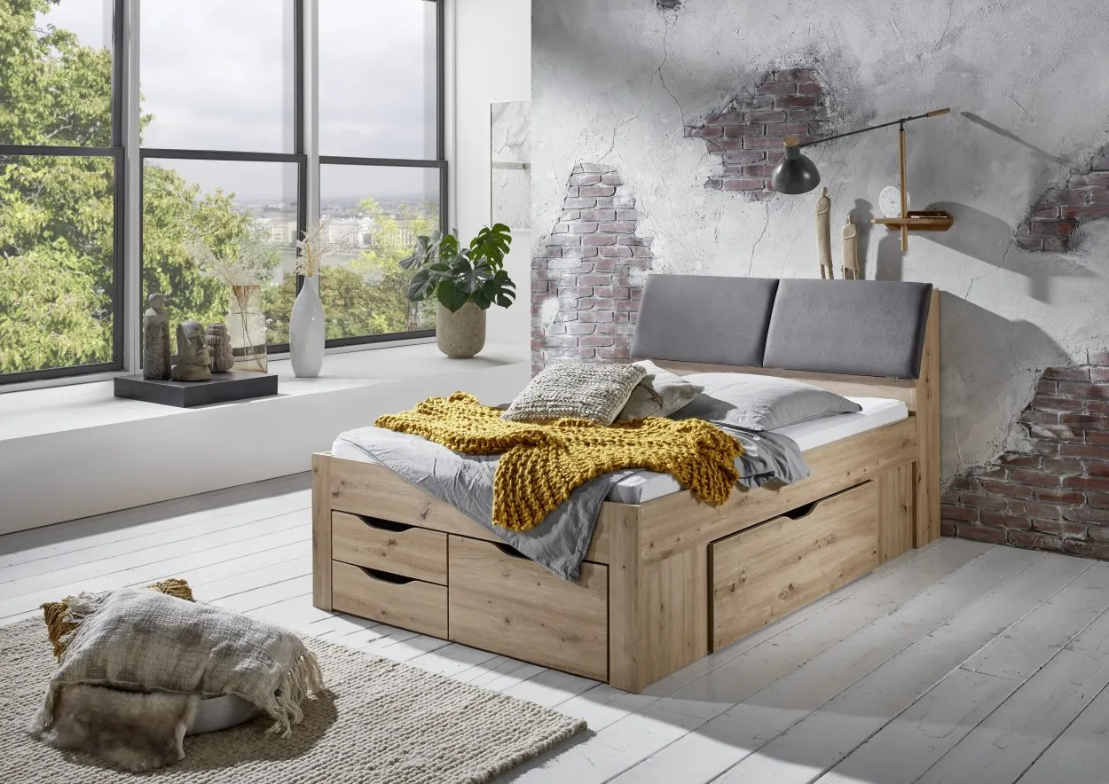Funktionsbett Maxi 140x200 cm, Rolllattenrost, 5 Bettschubladen, Stauraum-Kopfteil, Eiche Artisan