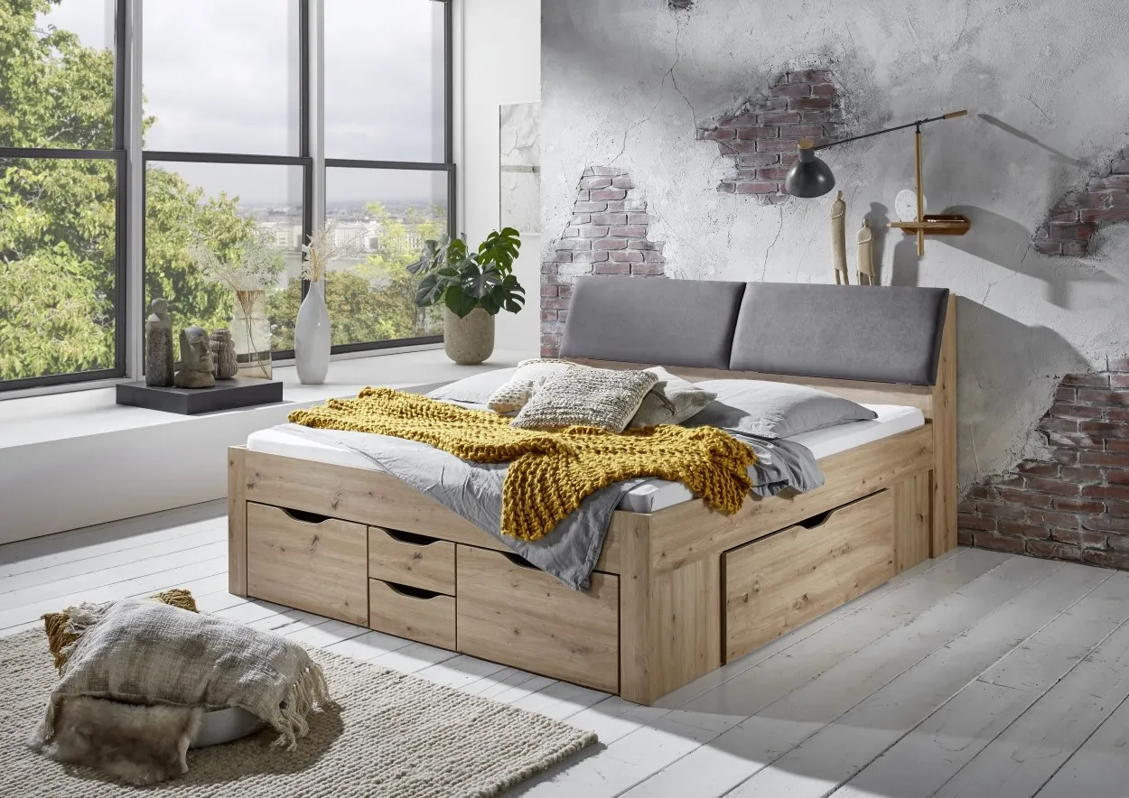 Funktionsbett Maxi 180x200 cm, ohne Lattenrost, 6 Bettschubladen, Stauraum-Kopfteil, Eiche Artisan