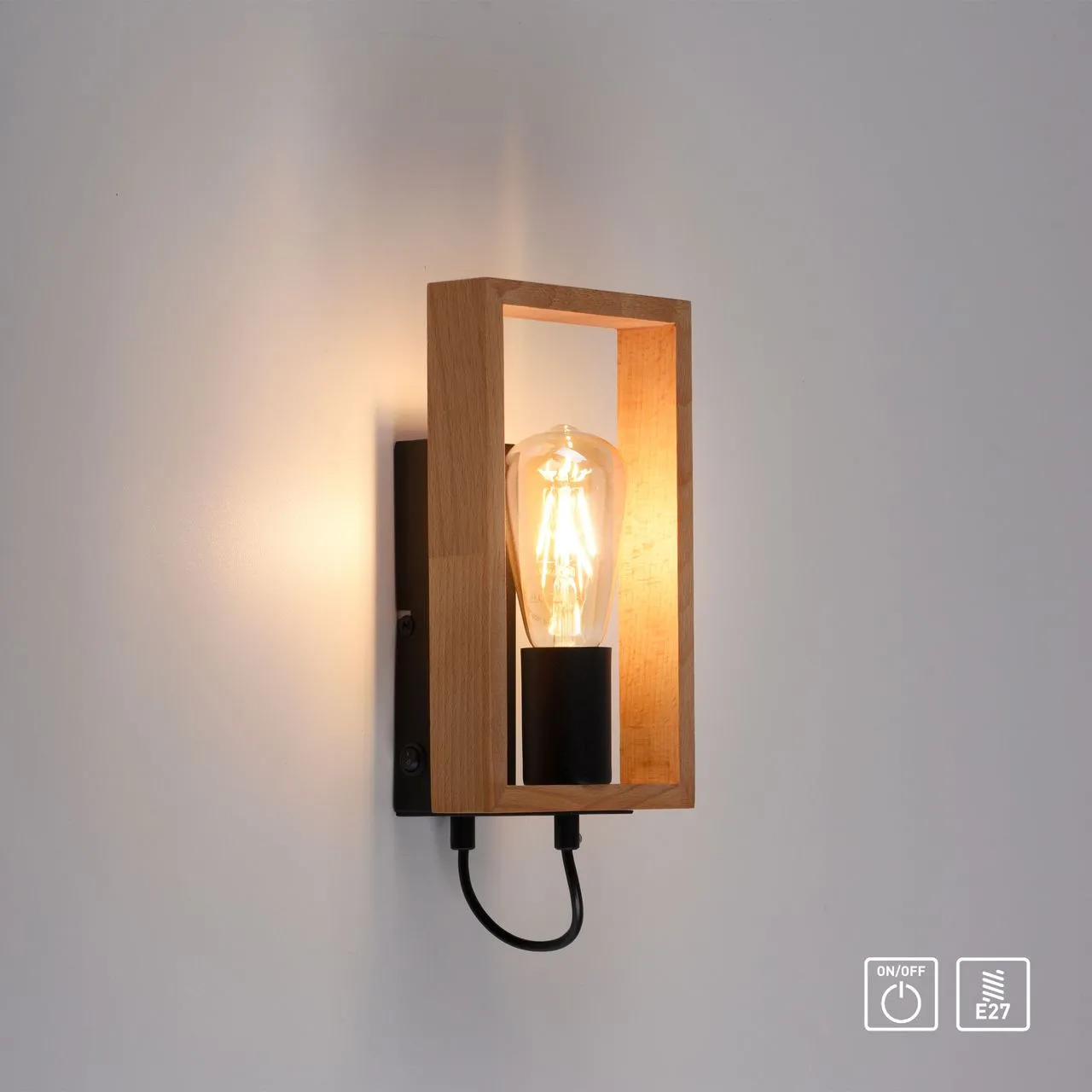 LeuchtenDirekt Wandleuchte FRAME, 1xE27/max. 60W, Innenleuchte, IP20, Wippschalter,  Metall und Holz