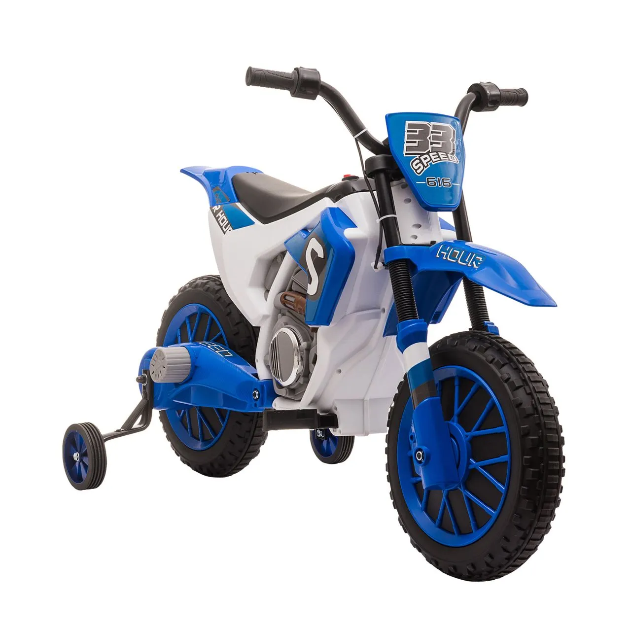 Elektromotorrad Kindermotorrad Kinderfahrzeug Elektrofahrzeug mit 2 abnehmbaren Stützrädern für Kinder ab 3 Jahren PP Metall Blau+Weiß 106,5 x 51,5 x 68 cm