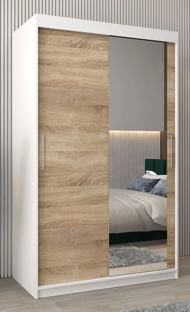 Schiebetürenschrank / Kleiderschrank Bisaurin 2C mit Spiegel, Farbe: Weiß matt / Eiche Sonoma - Abmessungen: 200 x 120 x 62 cm ( H x B x T)