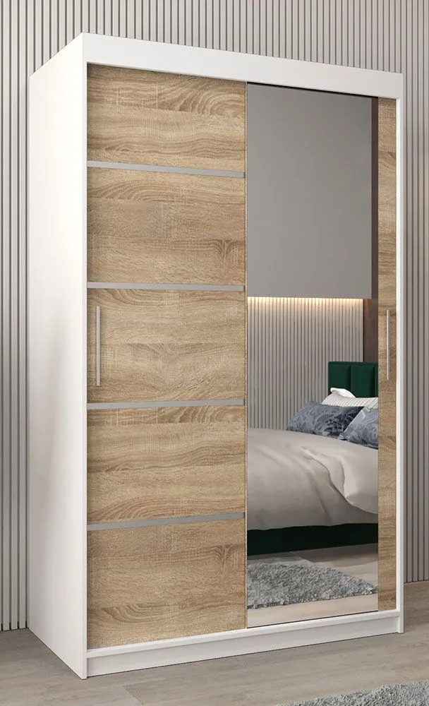 Schiebetürenschrank / Kleiderschrank Jan 02B mit Spiegel, Farbe: Weiß matt / Eiche Sonoma - Abmessungen: 200 x 120 x 62 cm ( H x B x T)
