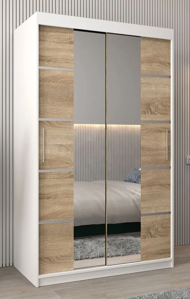 Schiebetürenschrank / Kleiderschrank Jan 02D mit Spiegel, Farbe: Weiß matt / Eiche Sonoma -  Abmessungen: 200 x 120 x 62 cm (H x B x T)