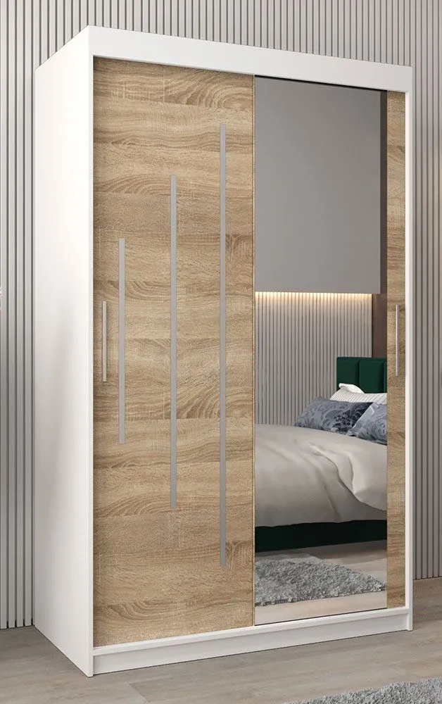 Schiebetürenschrank / Kleiderschrank mit Spiegel Tomlis 02B, Farbe: Weiß matt / Eiche Sonoma - Abmessungen: 200 x 120 x 62 cm (H x B x T)