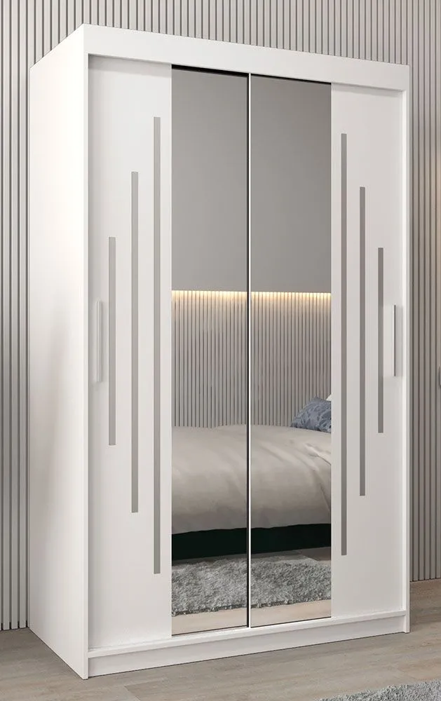 Schiebetürenschrank / Kleiderschrank mit Spiegel Tomlis 02A, Farbe: Weiß matt - Abmessungen: 200 x 120 x 62 cm (H x B x T)
