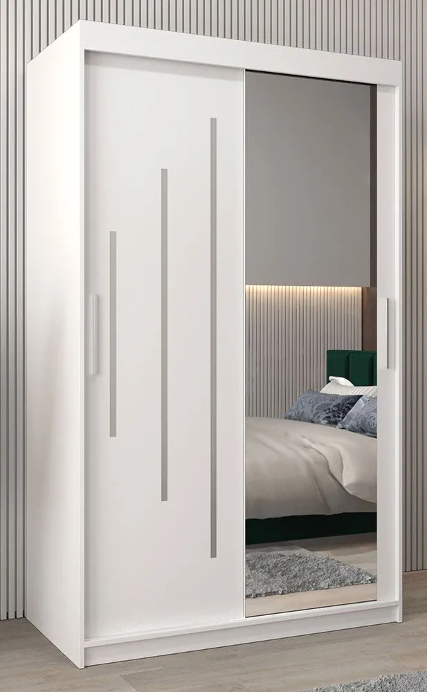 Schiebetürenschrank / Kleiderschrank mit Spiegel Tomlis 02B, Farbe: Weiß matt - Abmessungen: 200 x 120 x 62 cm (H x B x T)