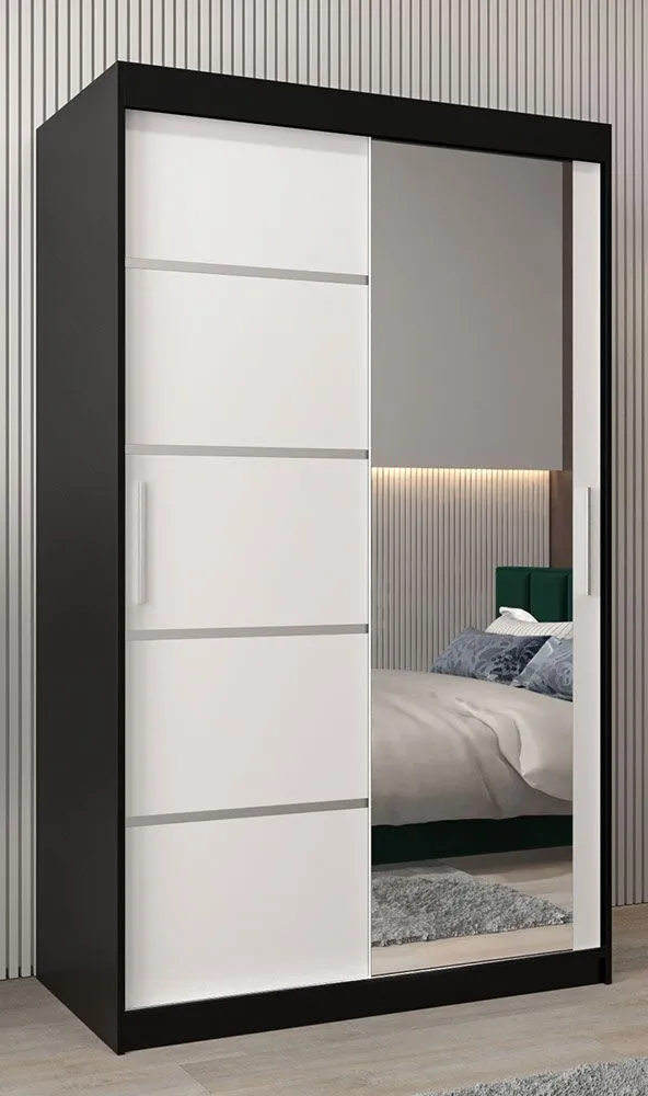 Schiebetürenschrank / Kleiderschrank Jan 02B mit Spiegel, Farbe: Schwarz / Weiß matt - Abmessungen: 200 x 120 x 62 cm ( H x B x T)