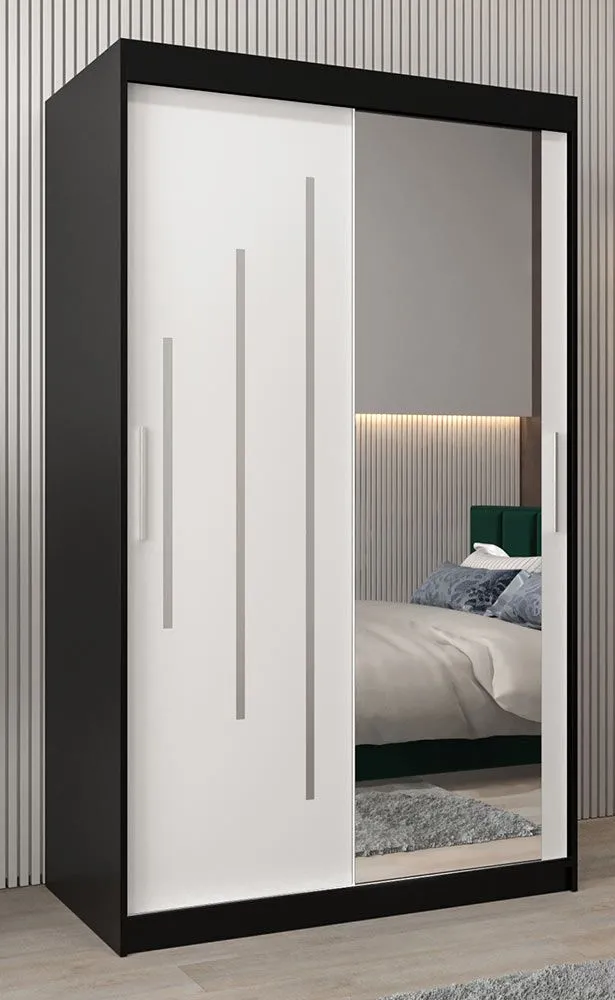 Schiebetürenschrank / Kleiderschrank mit Spiegel Tomlis 02B, Farbe: Schwarz / Weiß matt - Abmessungen: 200 x 120 x 62 cm (H x B x T)