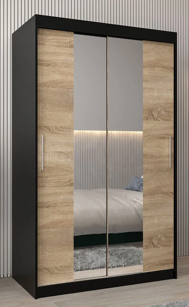 Schiebetürenschrank / Kleiderschrank Bisaurin 2B mit Spiegel, Farbe: Schwarz / Eiche Sonoma - Abmessungen: 200 x 120 x 62 cm ( H x B x T)