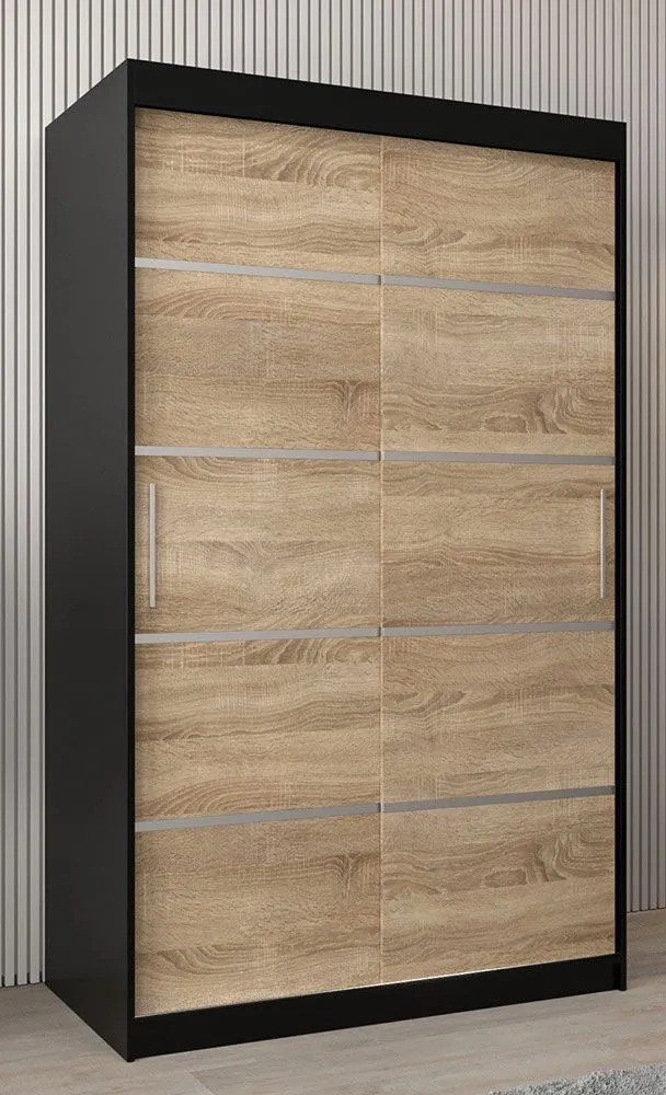 Schiebetürenschrank / Kleiderschrank Jan 02A, Farbe: Schwarz / Eiche Sonoma - Abmessungen: 200 x 120 x 62 cm ( H x B x T)