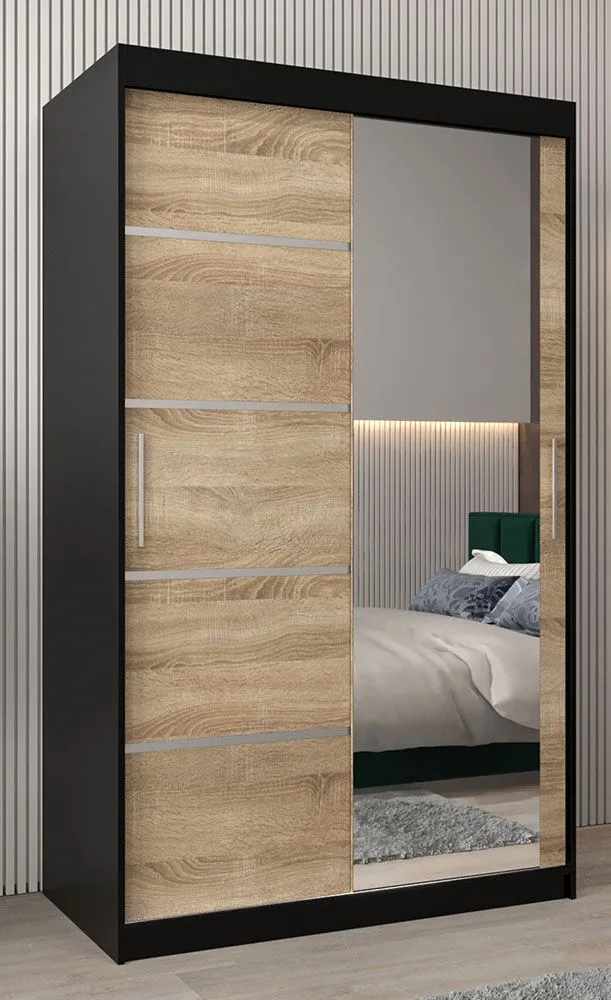 Schiebetürenschrank / Kleiderschrank Jan 02B mit Spiegel, Farbe: Schwarz / Eiche Sonoma - Abmessungen: 200 x 120 x 62 cm ( H x B x T)