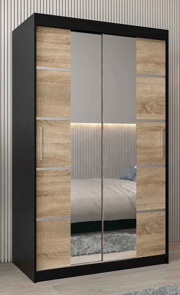 Schiebetürenschrank / Kleiderschrank Jan 02D mit Spiegel, Farbe: Schwarz / Eiche Sonoma - Abmessungen: 200 x 120 x 62 cm (H x B x T)