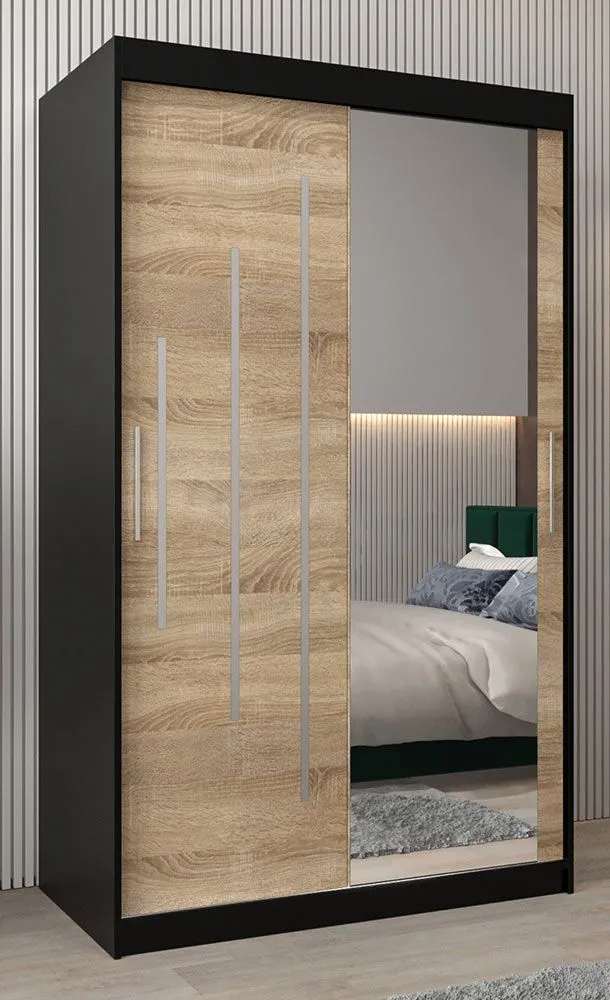 Schiebetürenschrank / Kleiderschrank mit Spiegel Tomlis 02B, Farbe: Schwarz / Eiche Sonoma - Abmessungen: 200 x 120 x 62 cm (H x B x T)