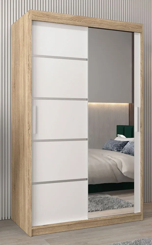 Schiebetürenschrank / Kleiderschrank Jan 02B mit Spiegel, Farbe: Eiche Sonoma / Weiß matt - Abmessungen: 200 x 120 x 62 cm ( H x B x T)