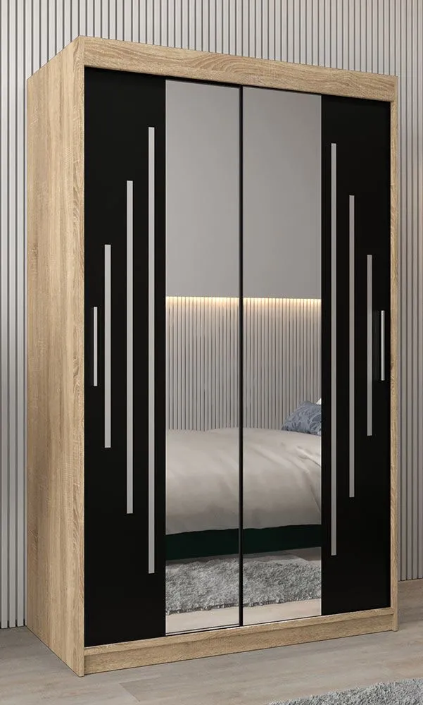 Schiebetürenschrank / Kleiderschrank mit Spiegel Tomlis 02A, Farbe: Eiche Sonoma / Schwarz - Abmessungen: 200 x 120 x 62 cm (H x B x T)