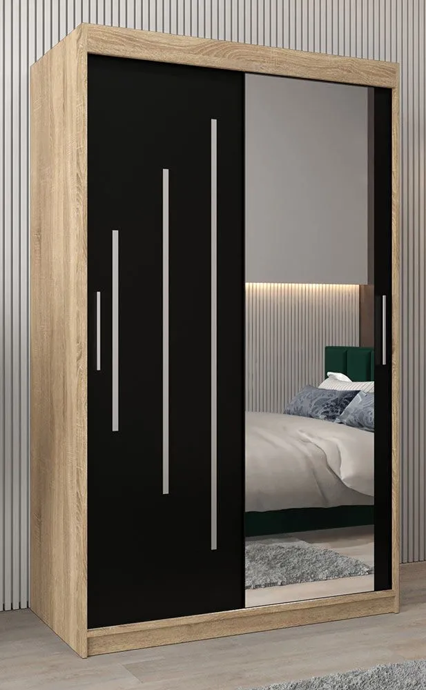 Schiebetürenschrank / Kleiderschrank mit Spiegel Tomlis 02B, Farbe: Eiche Sonoma / Schwarz- Abmessungen: 200 x 120 x 62 cm (H x B x T)
