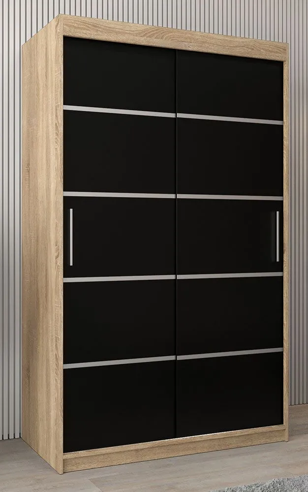 Schiebetürenschrank / Kleiderschrank Jan 02A, Farbe: Eiche Sonoma / Schwarz - Abmessungen: 200 x 120 x 62 cm ( H x B x T)