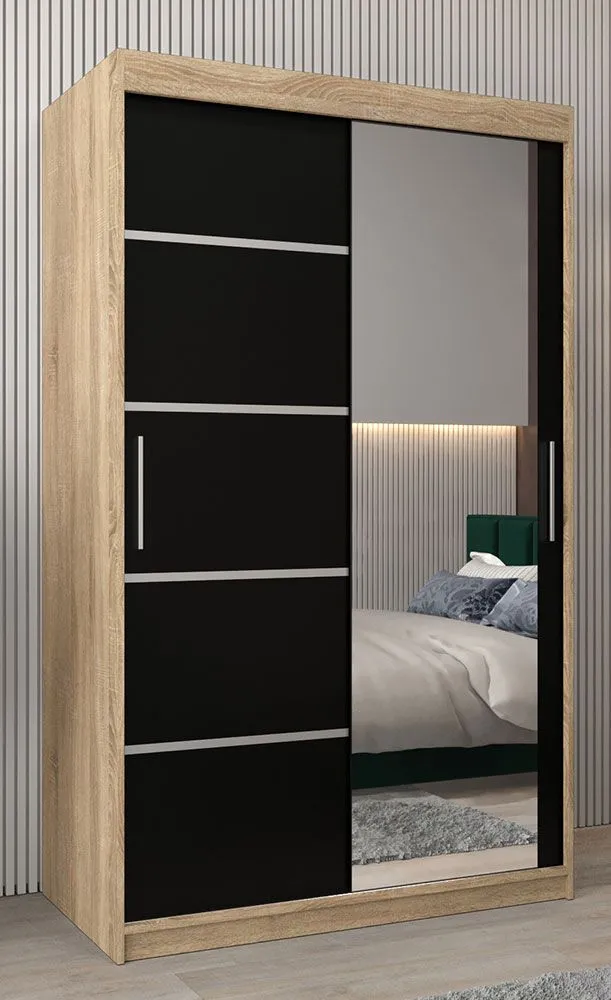 Schiebetürenschrank / Kleiderschrank Jan 02B mit Spiegel, Farbe: Eiche Sonoma / Schwarz - Abmessungen: 200 x 120 x 62 cm ( H x B x T)
