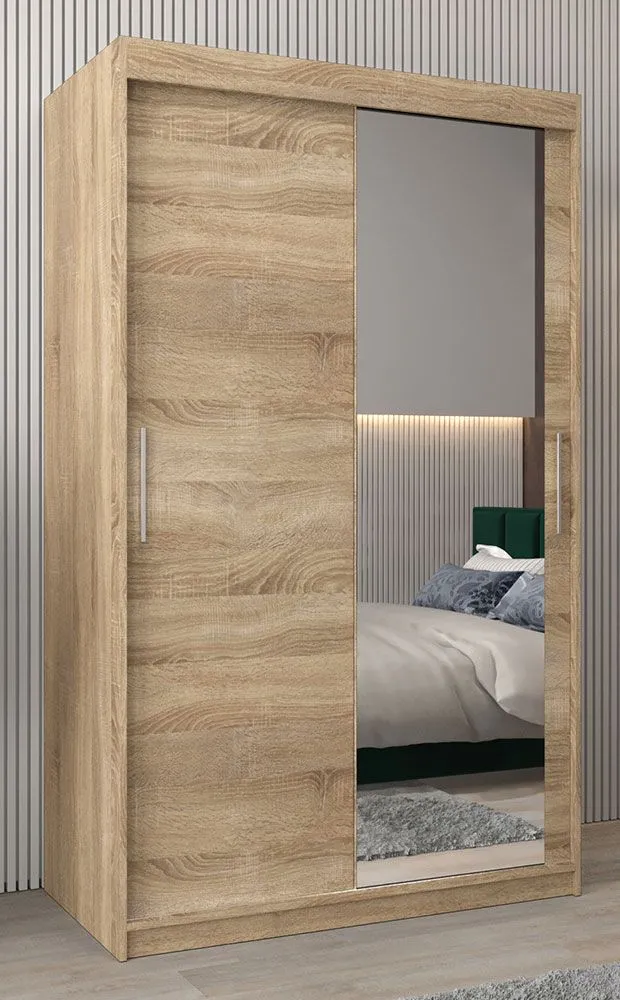 Schiebetürenschrank / Kleiderschrank Bisaurin 2C mit Spiegel, Farbe: Eiche Sonoma - Abmessungen: 200 x 120 x 62 cm ( H x B x T)