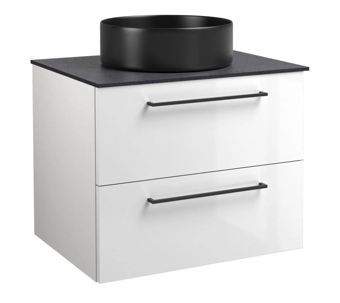 Zweifarbiger moderner Waschtischunterschrank Noida 51 mit großzügigem Stauraum, Weiß glänzend / Schwarz, 63 x 61 x 47 cm, rundes schwarzes Waschbecken