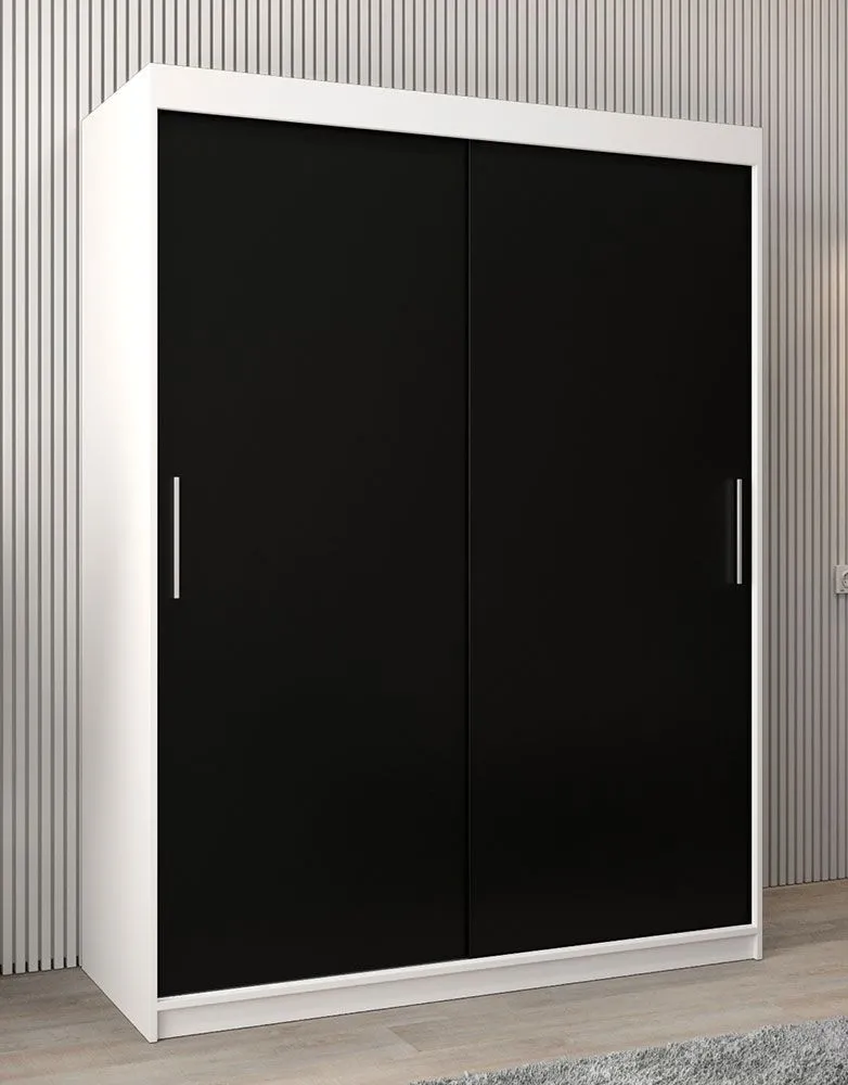 Schiebetürenschrank / Kleiderschrank Bisaurin 3A, Farbe: Weiß matt / Schwarz - Abmessungen: 200 x 150 x 62 cm ( H x B x T)