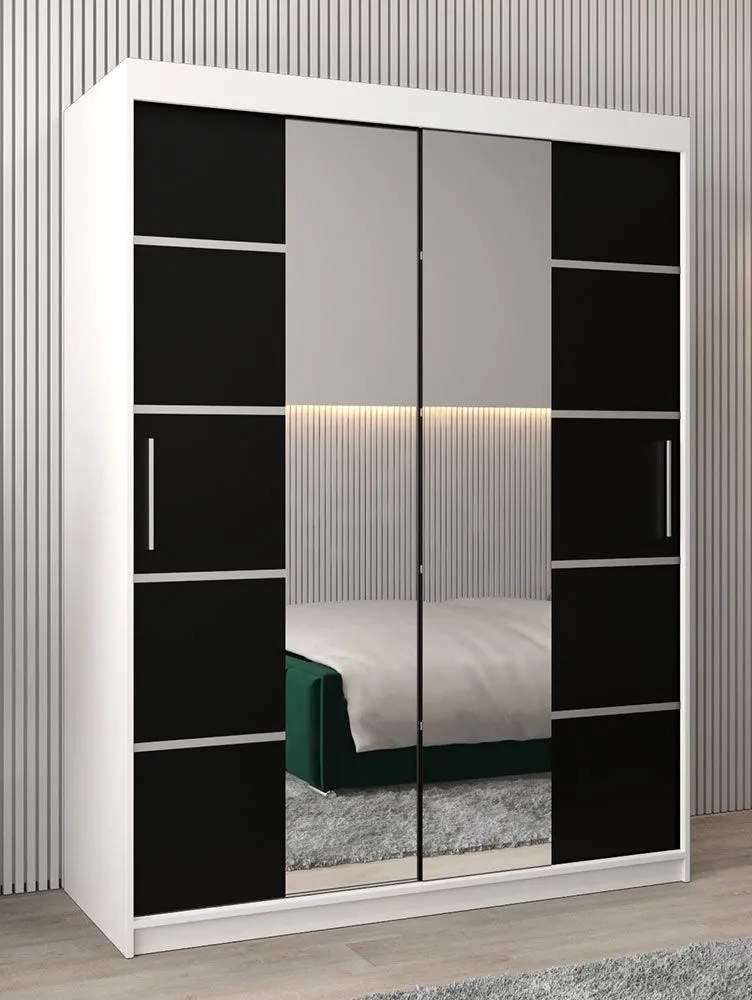 Schiebetürenschrank / Kleiderschrank Jan 03D mit Spiegel, Farbe: Weiß Matt / Schwarz - Abmessungen: 200 x 150 x 62 cm (H x B x T)