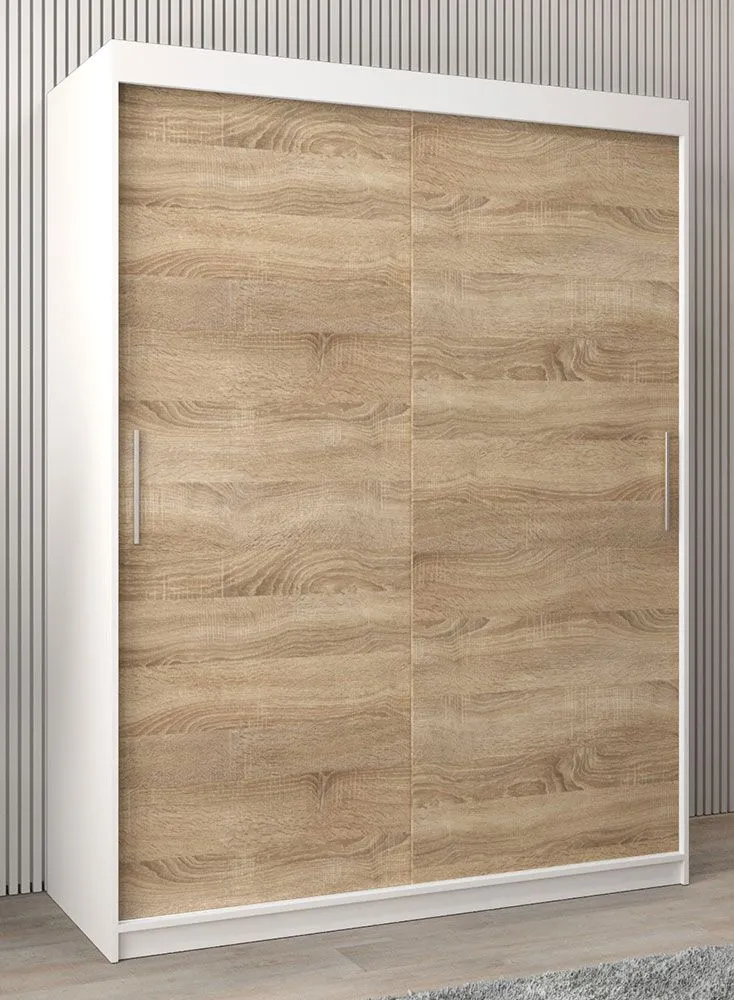 Schiebetürenschrank / Kleiderschrank Bisaurin 3A, Farbe: Weiß matt / Eiche Sonoma - Abmessungen: 200 x 150 x 62 cm ( H x B x T)