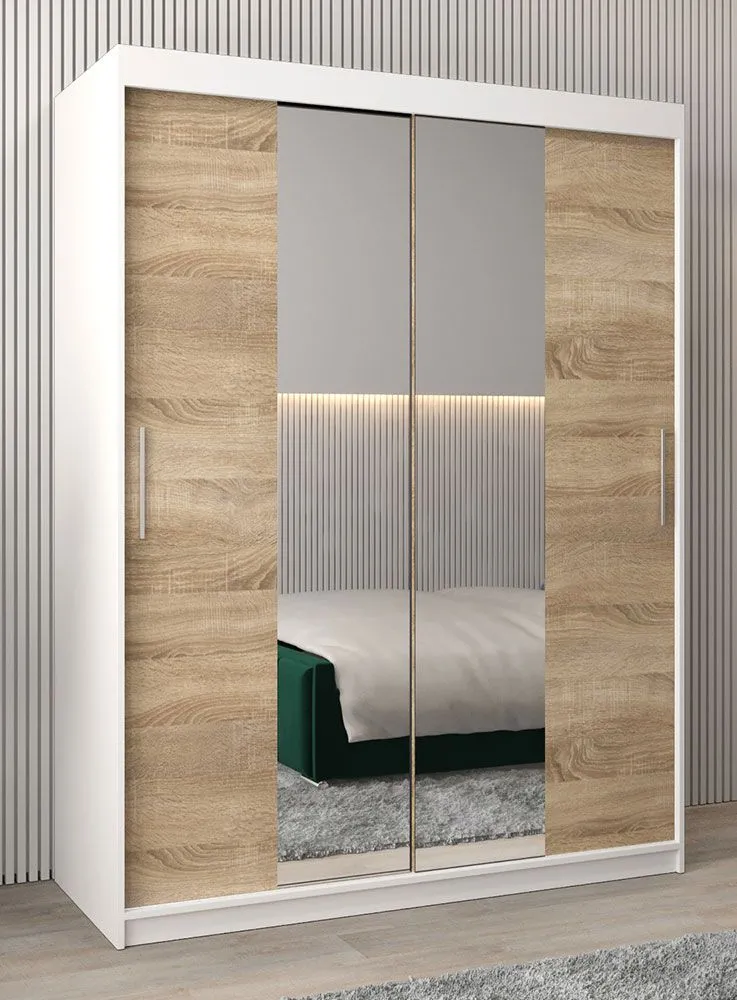 Schiebetürenschrank / Kleiderschrank Bisaurin 3B mit Spiegel, Farbe: Weiß matt / Eiche Sonoma - Abmessungen: 200 x 150 x 62 cm ( H x B x T)