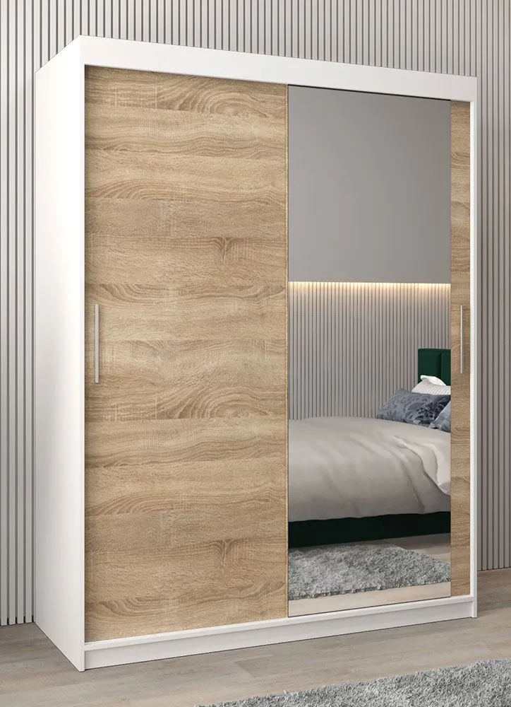 Schiebetürenschrank / Kleiderschrank Bisaurin 3C mit Spiegel, Farbe: Weiß matt / Eiche Sonoma - Abmessungen: 200 x 150 x 62 cm ( H x B x T)
