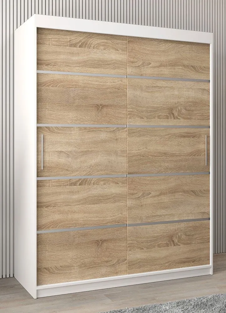 Schiebetürenschrank / Kleiderschrank Jan 03A, Farbe: Weiß matt / Eiche Sonoma - Abmessungen: 200 x 150 x 62 cm ( H x B x T)