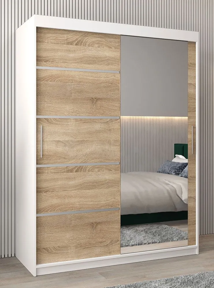 Schiebetürenschrank / Kleiderschrank Jan 03B mit Spiegel, Farbe: Weiß matt / Eiche Sonoma - Abmessungen: 200 x 150 x 62 cm ( H x B x T)