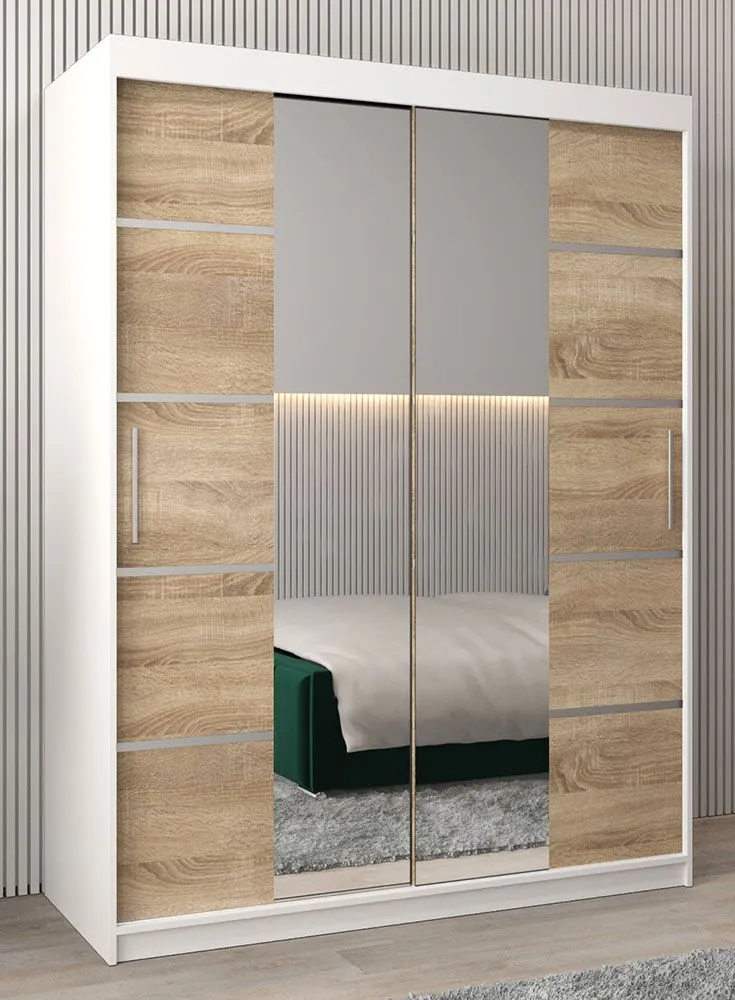 Schiebetürenschrank / Kleiderschrank Jan 03D mit Spiegel, Farbe: Weiß matt / Eiche Sonoma - Abmessungen: 200 x 150 x 62 cm (H x B x T)