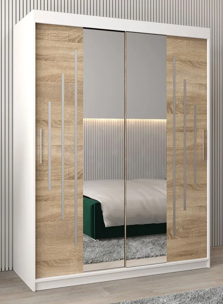 Schiebetürenschrank / Kleiderschrank mit Spiegel Tomlis 03A, Farbe: Weiß matt / Eiche Sonoma - Abmessungen: 200 x 150 x 62 cm (H x B x T)