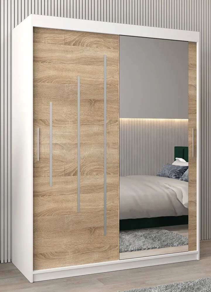Schiebetürenschrank / Kleiderschrank mit Spiegel Tomlis 03B, Farbe: Weiß matt / Eiche Sonoma - Abmessungen: 200 x 150 x 62 cm (H x B x T)