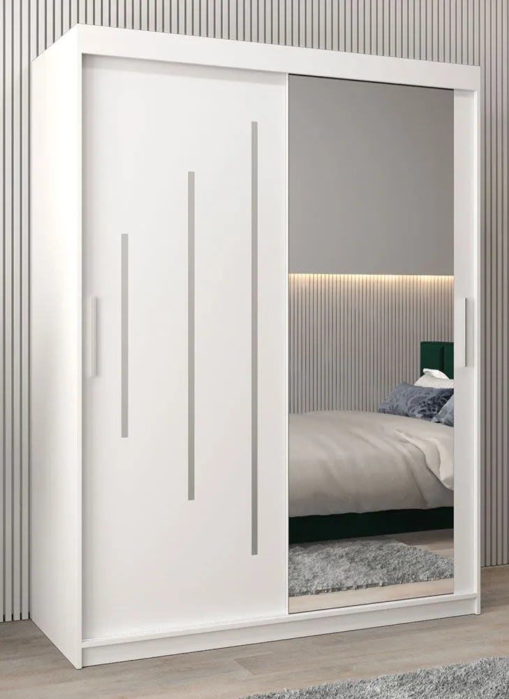 Schiebetürenschrank / Kleiderschrank mit Spiegel Tomlis 03B, Farbe: Weiß matt - Abmessungen: 200 x 150 x 62 cm (H x B x T)