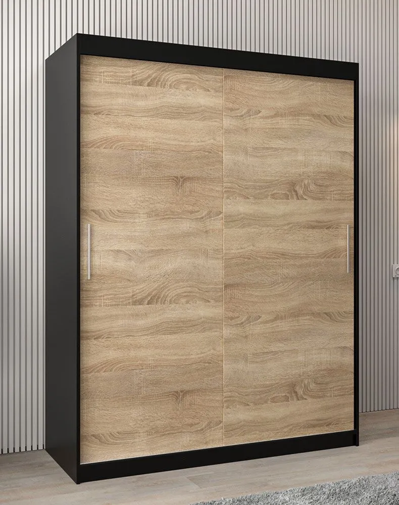 Schiebetürenschrank / Kleiderschrank Bisaurin 3A, Farbe: Schwarz / Eiche Sonoma - Abmessungen: 200 x 150 x 62 cm ( H x B x T)