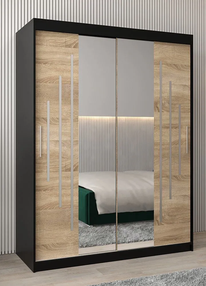 Schiebetürenschrank / Kleiderschrank mit Spiegel Tomlis 03A, Farbe: Schwarz / Eiche Sonoma - Abmessungen: 200 x 150 x 62 cm (H x B x T)
