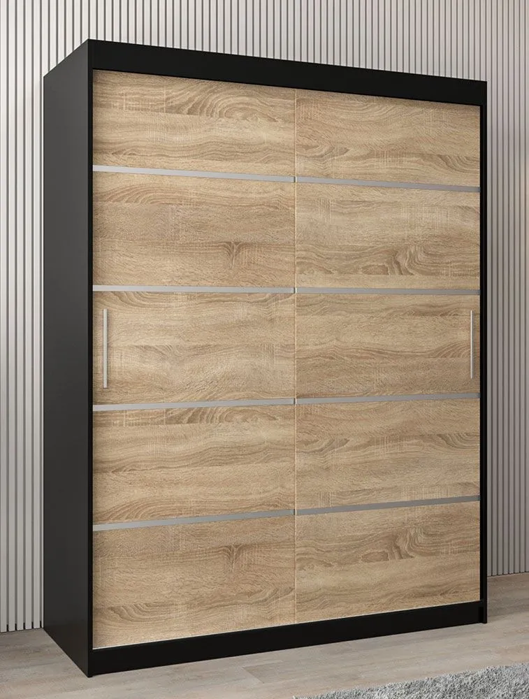 Schiebetürenschrank / Kleiderschrank Jan 03A, Farbe: Schwarz / Eiche Sonoma - Abmessungen: 200 x 150 x 62 cm ( H x B x T)