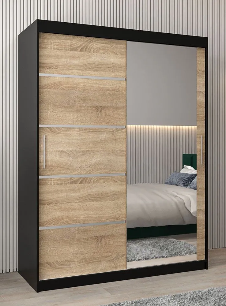 Schiebetürenschrank / Kleiderschrank Jan 03B mit Spiegel, Farbe: Schwarz / Eiche Sonoma - Abmessungen: 200 x 150 x 62 cm ( H x B x T)