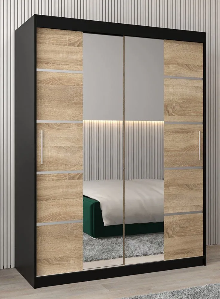 Schiebetürenschrank / Kleiderschrank Jan 03D mit Spiegel, Farbe: Schwarz / Eiche Sonoma - Abmessungen: 200 x 150 x 62 cm (H x B x T)