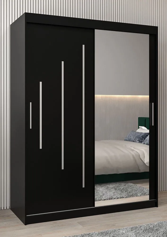 Schiebetürenschrank / Kleiderschrank mit Spiegel Tomlis 03B, Farbe: Schwarz - Abmessungen: 200 x 150 x 62 cm (H x B x T)
