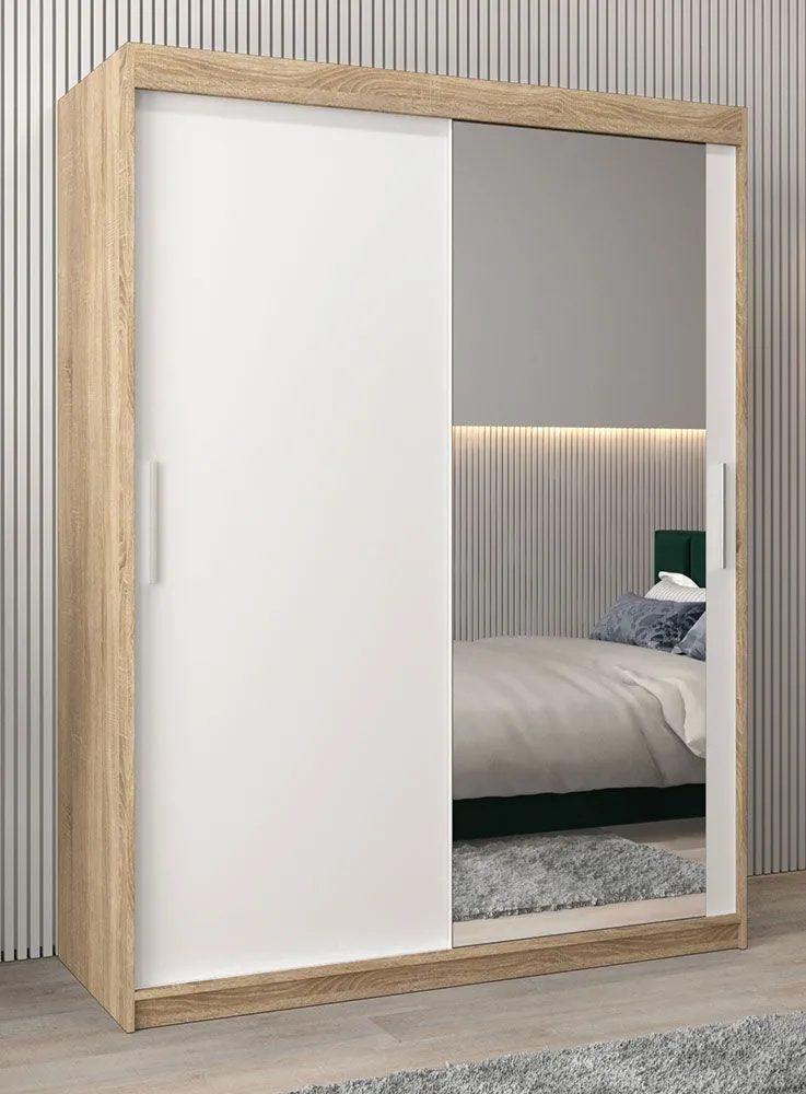 Schiebetürenschrank / Kleiderschrank Bisaurin 3C mit Spiegel, Farbe: Eiche Sonoma / Weiß matt - Abmessungen: 200 x 150 x 62 cm ( H x B x T)