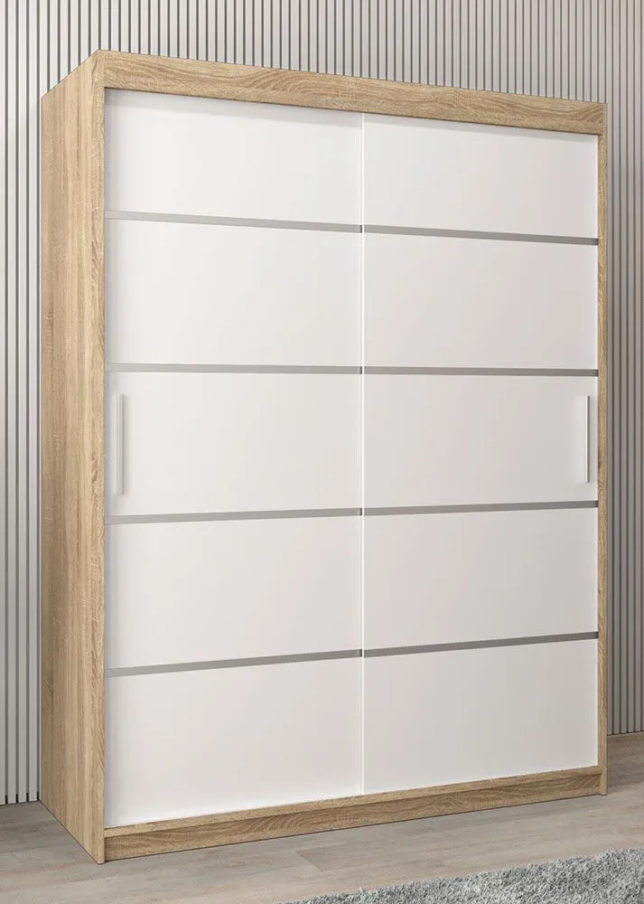 Schiebetürenschrank / Kleiderschrank Jan 03A, Farbe: Eiche Sonoma / Weiß matt - Abmessungen: 200 x 150 x 62 cm ( H x B x T)